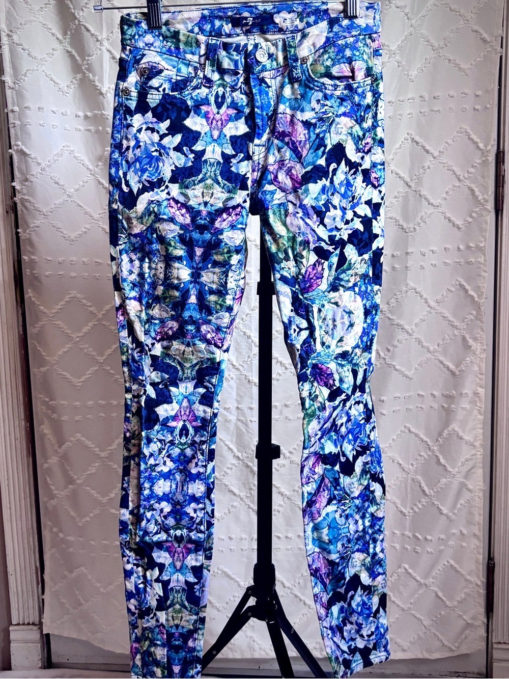7 For All Mankind Floral Skinny Jeans Watercolor Print Blue Purple Size 25